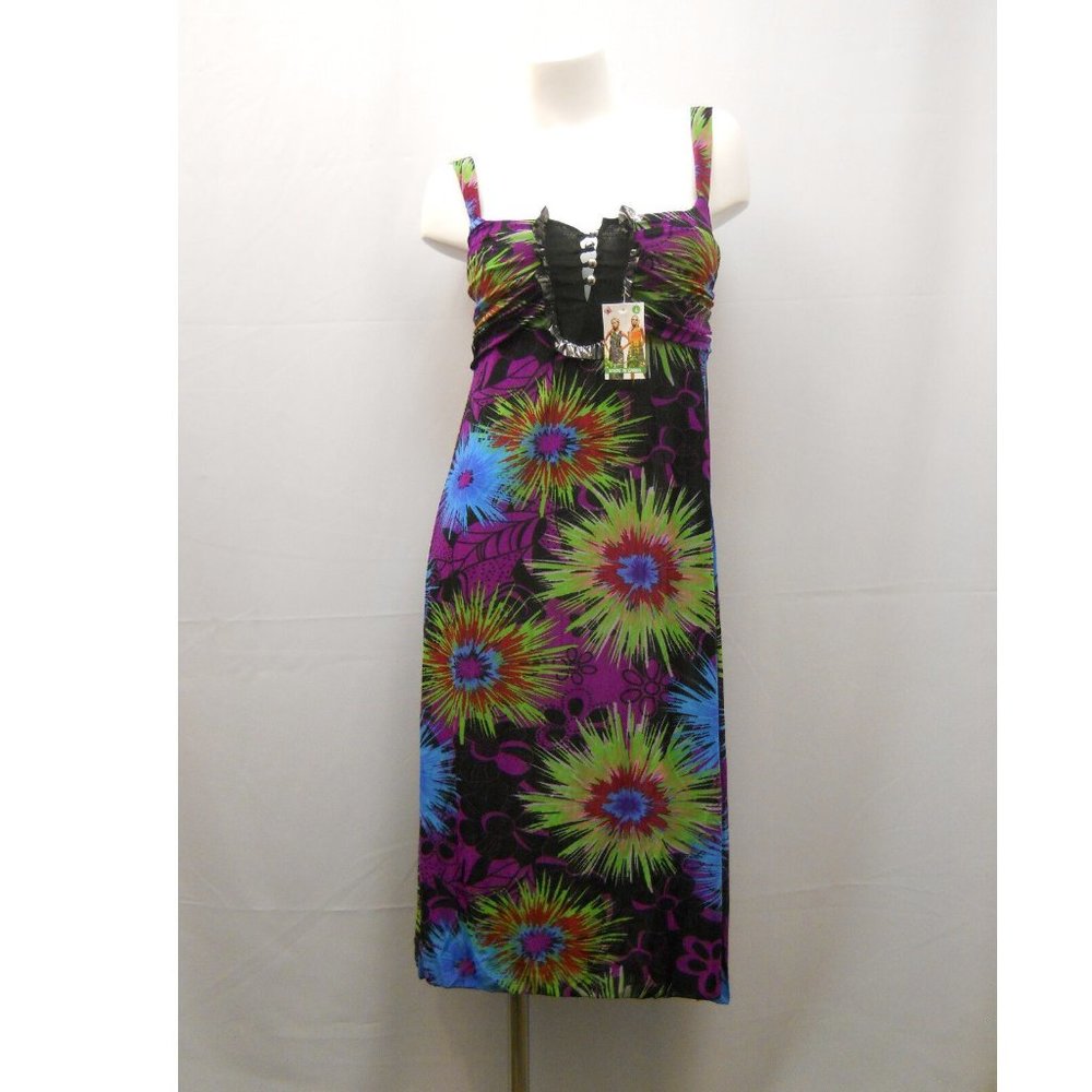 Ice Sea Silk Women's Dress Ruffled Button-Split-Neck Spaghetti Straps SIZE L NWT